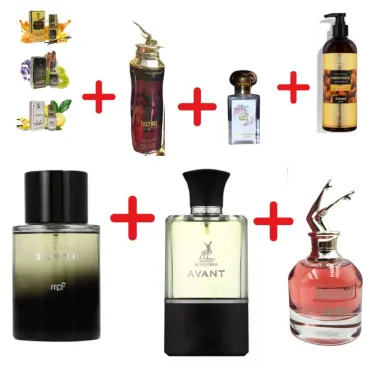 My Perfumes Dark Scudo + Fragrance World Belle Celine Scandant So Nice!  + Otoori Jameela + Lustrous Collection Fabulous  + 3 мини парфюмни масла +  Fragrance World Almond Oil Conditioner + Maison Alhambra Avant
